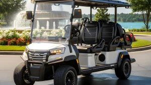 White EPIC E60FX six-seat electric golf cart by a landscaped fountain