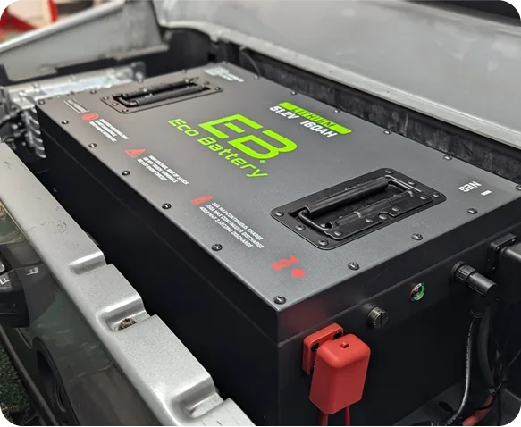 EcoBattery lithium battery pack installed in a golf cart